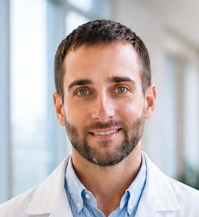 Dr. Alejandro González Alfaro, urólogo, con bata blanca y camisa azul
