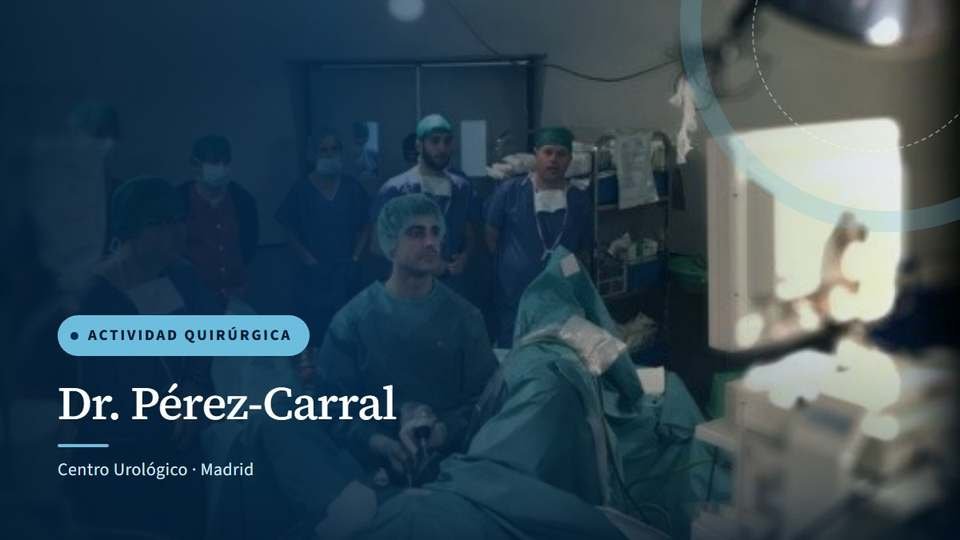 Portada de la crónica «Enucleación de prostata láser en HUFA, Madrid», con un equipo quirúrgico junto a los monitores del quirófano