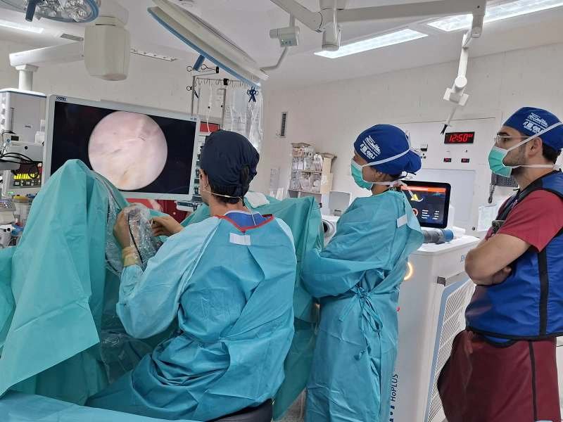 Equipo quirúrgico ante el monitor de endoscopia durante la cirugía en directo de UROLAP 2026